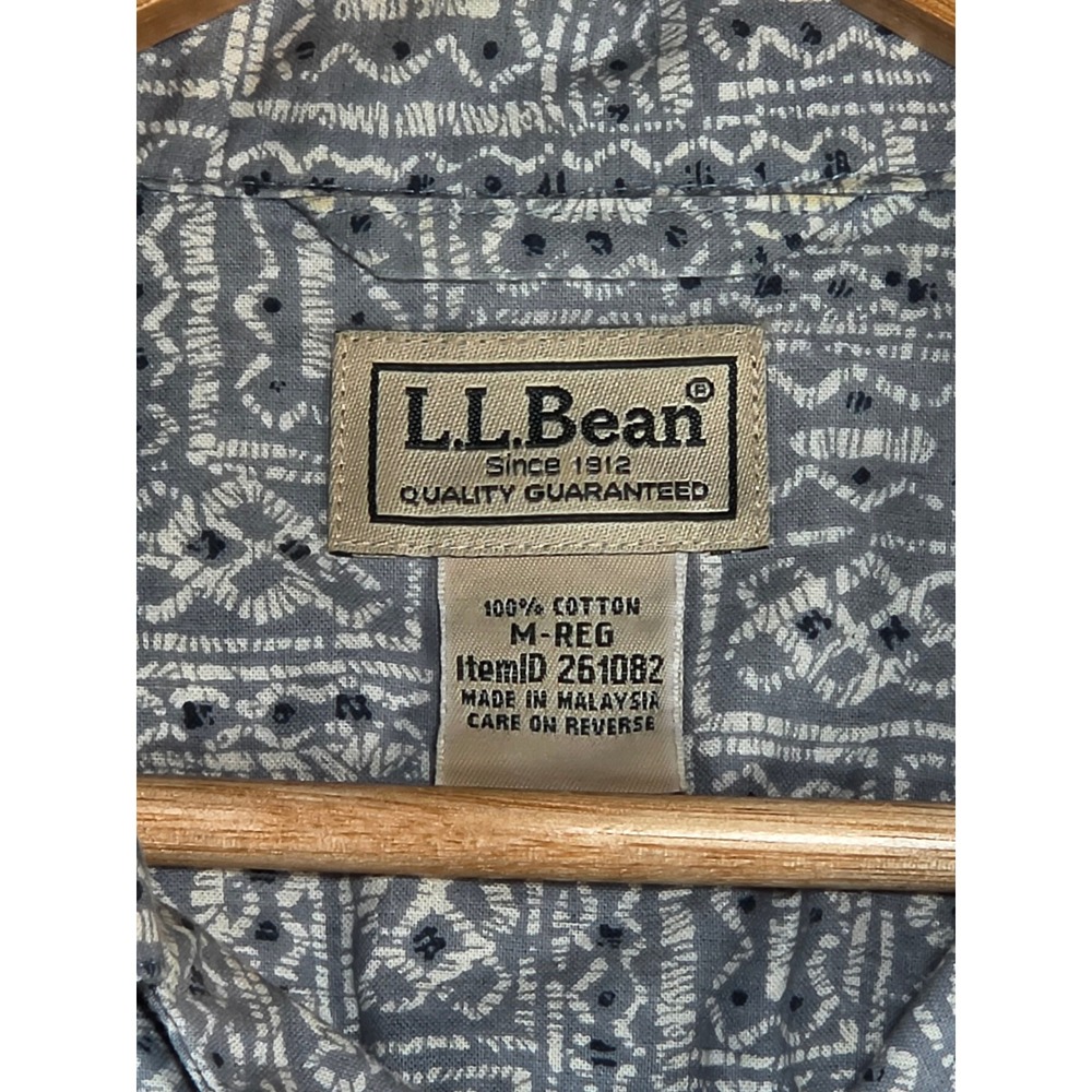 LL Bean Mens Blue Geometric Tile Print Cotton Short Sleeve Button Down Shirt M - Picture 5 of 6